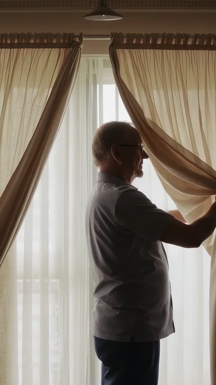 Vertikales Video: Mann in grauem Poloshirt zieht zu Hause beige Vorhänge zurück, lässt Licht herein und zeigt Jalousien.