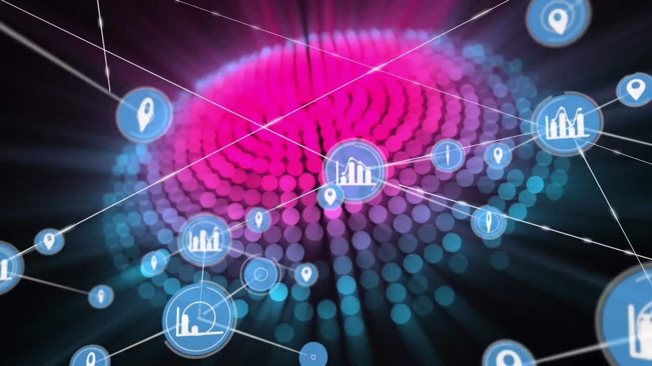 animación de la red de conexiones con iconos sobre el edificio moderno