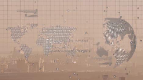 animation of world map, spinning globe and data processing against aerial view of cityscape