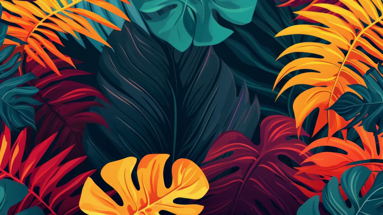 Vibrant tropical leaves in bold colors create a lively, dynamic visual