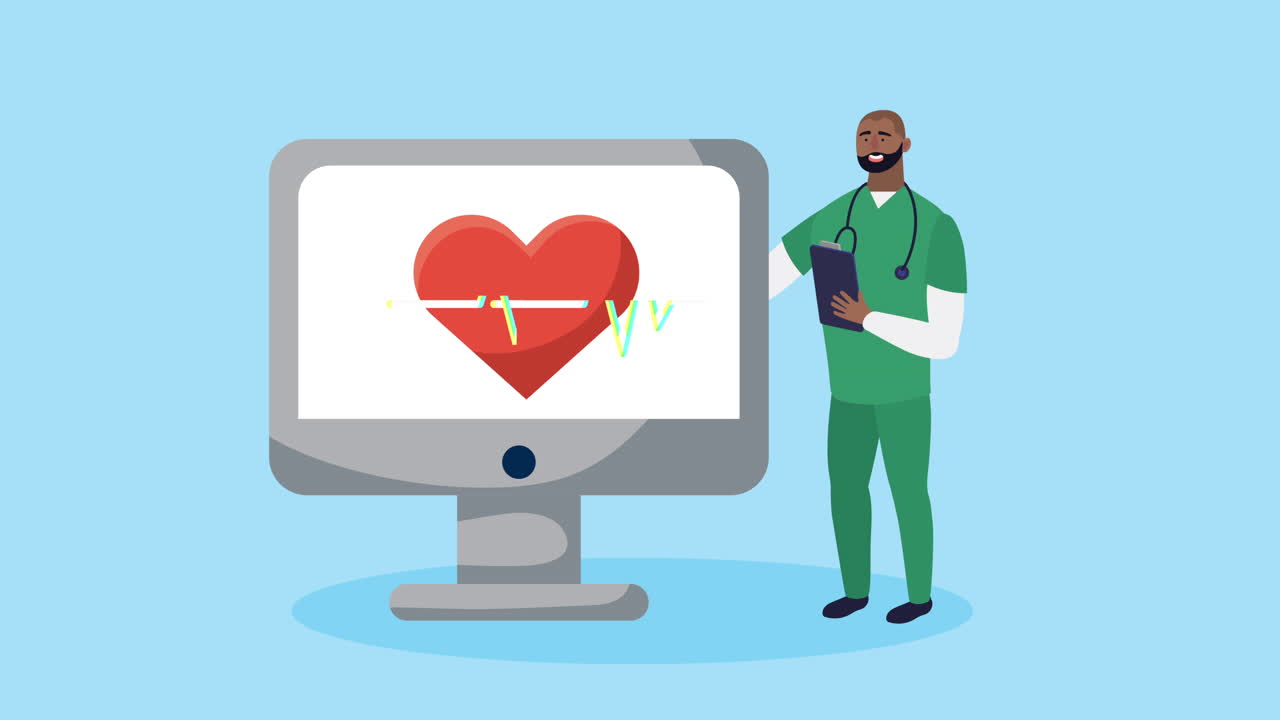 컴퓨터에서 심장 모니터를 검토하는 의사