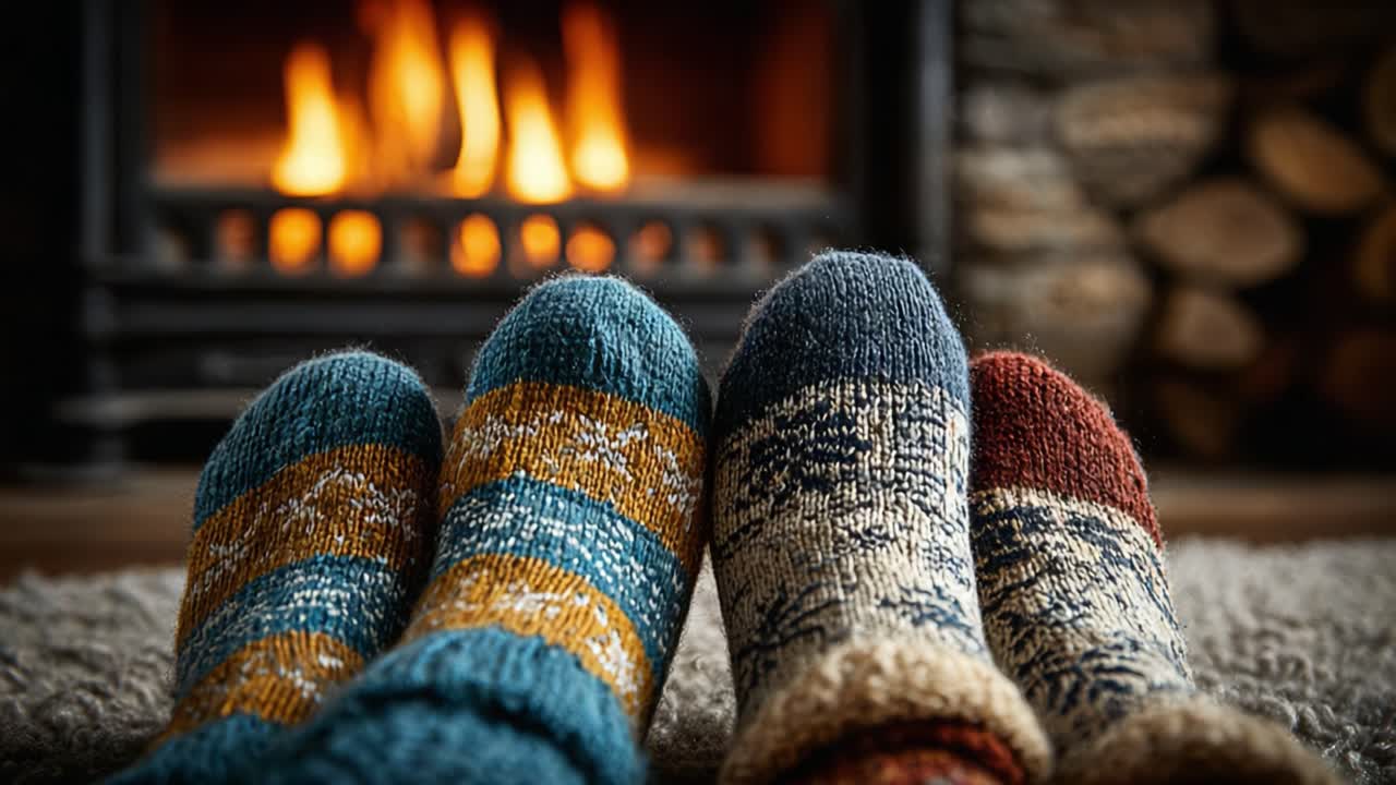 Cozy Moment by the Fire: A Warm Display of Colorful Knitted Socks in Front of a Crackling Fireplace, Evoking Comfort and Serenity on a Cold Day
