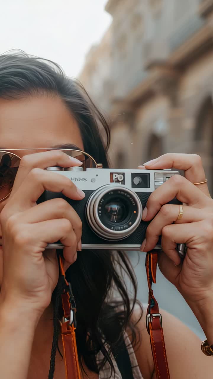 Vertical video: Raising rangefinder, woman framing shot on street wearing aviators pressing shutter