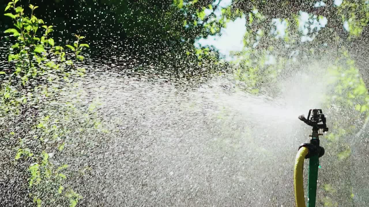 Plastic automatic water sprinkler with strong spray watering grass in garden. Slow Motion.