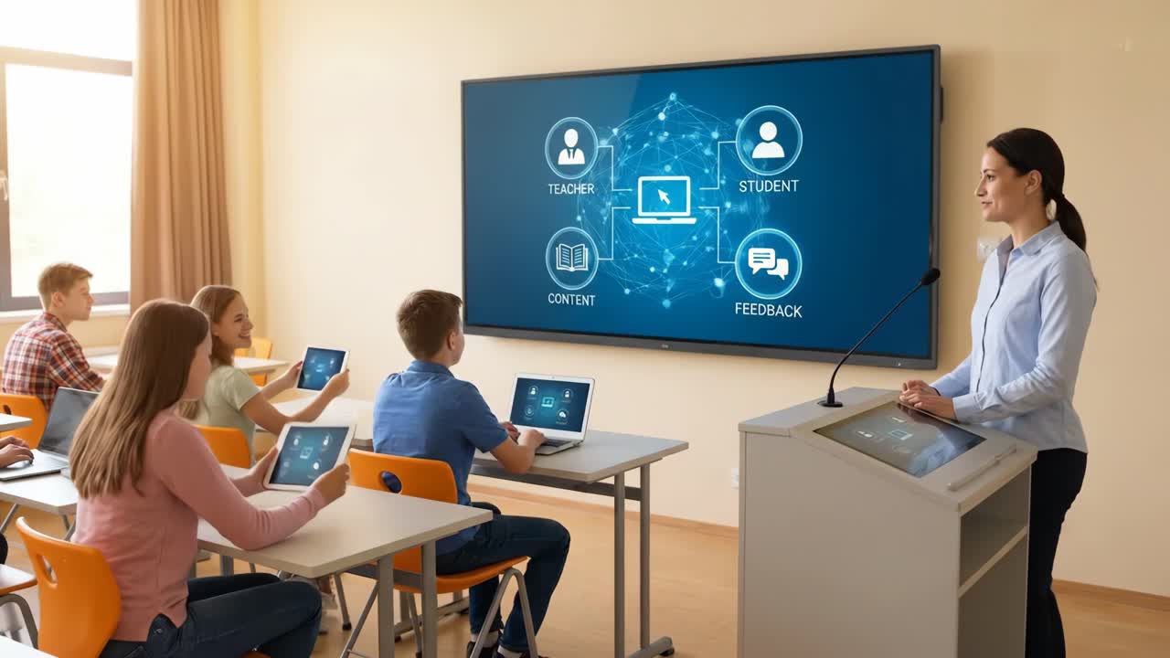 Insegnante e studenti coinvolti nell'apprendimento digitale con schermo interattivo