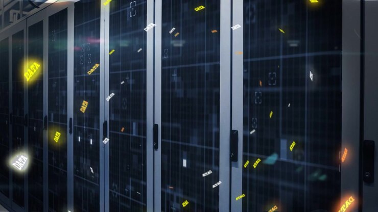 Glass server racks showing rising data flow in data center, network activity spawning DATA tokens