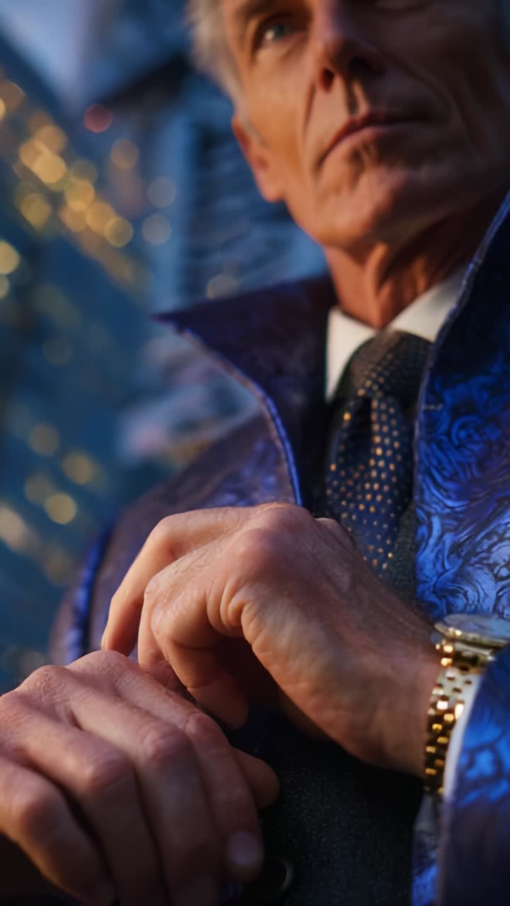 Un gentiluomo distinto con un sontuoso cappotto blu emana sicurezza sullo sfondo di un paesaggio urbano con luci scintillanti nel cielo serale.