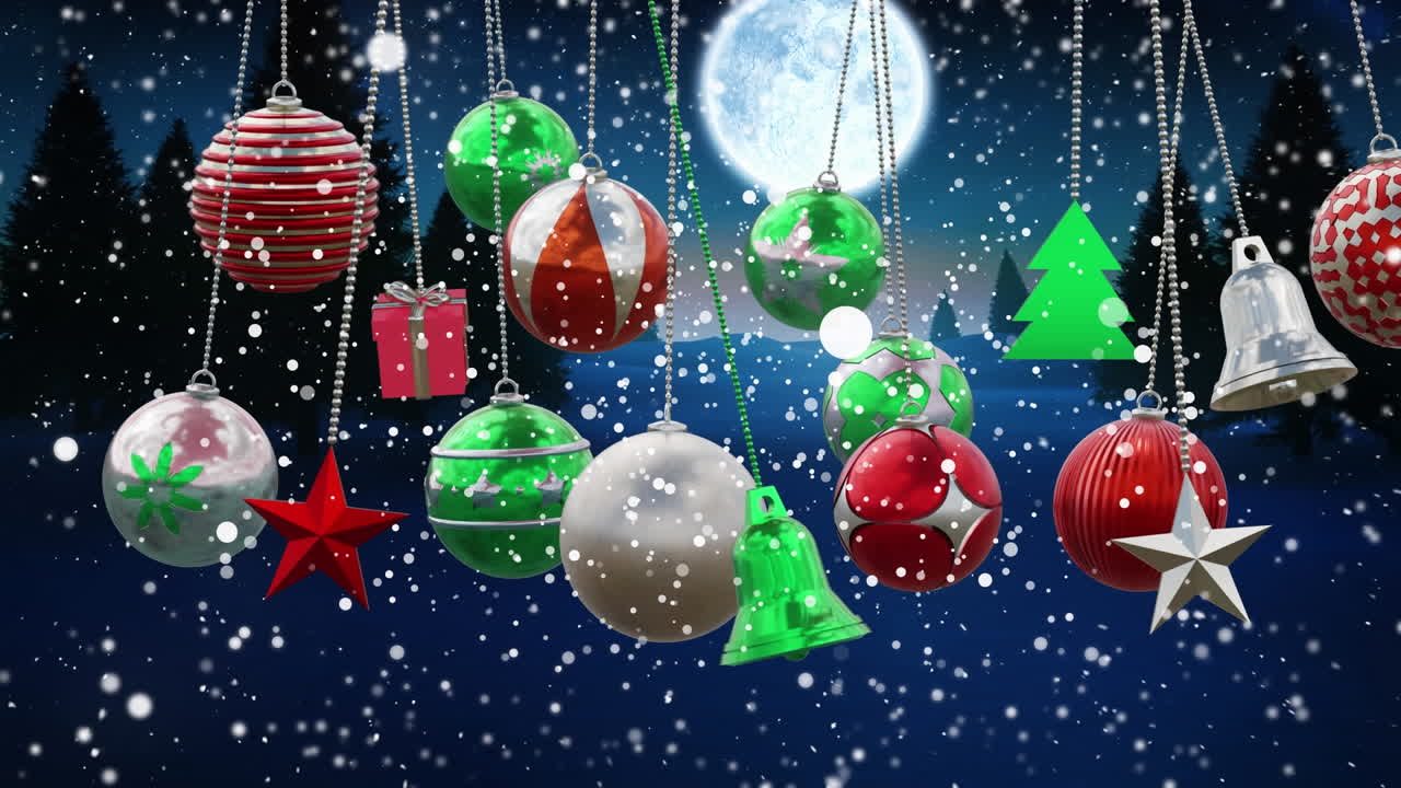 animación de decoraciones de bolas de navidad sobre la luna llena en el fondo del paisaje de invierno