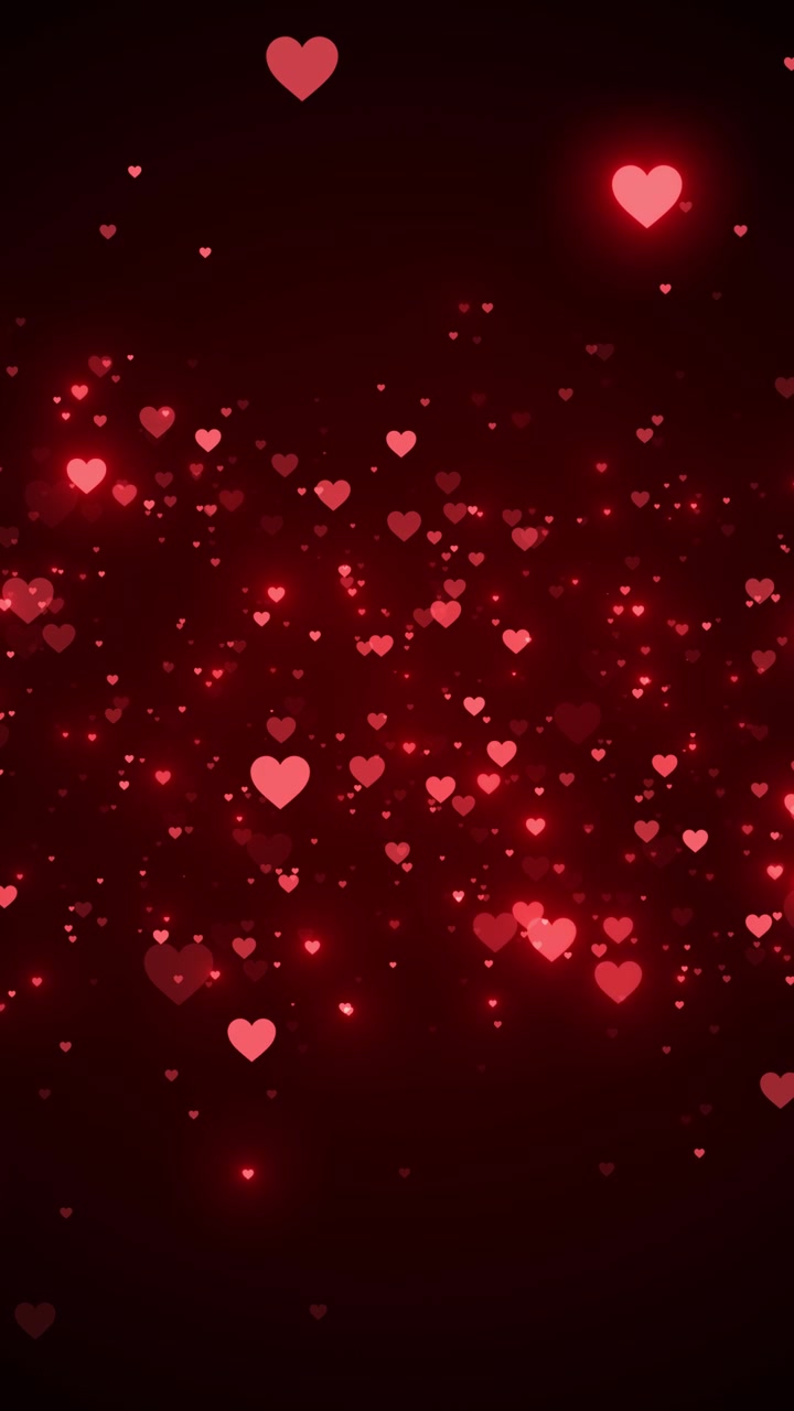 Sfondo con cuori fluttuanti rosso cremisi intenso, piccole particelle d'amore rosse, spazio scuro romantico, promozioni di San Valentino