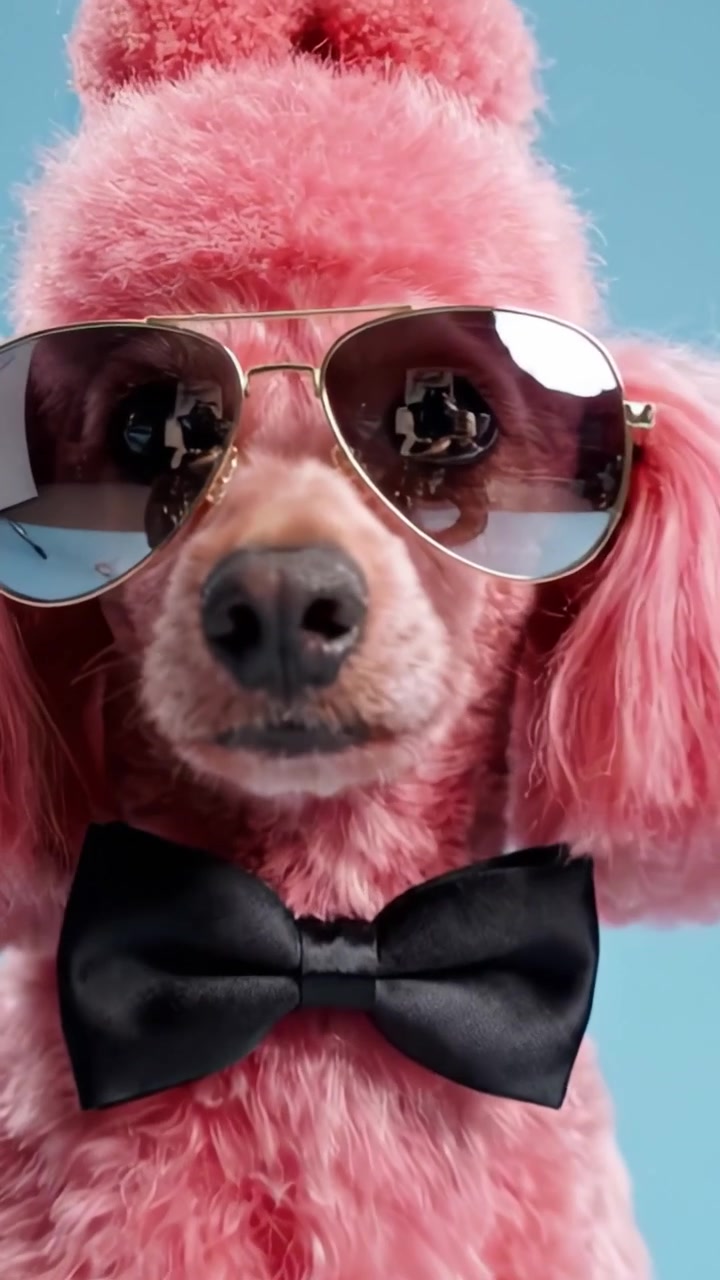 Un elegante barboncino rosa con occhiali da sole e un papillon posa con sicurezza su uno sfondo blu, mettendo in mostra la sua moda e personalità uniche in un ritratto divertente.