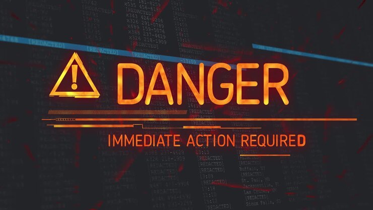 Animation of danger text and symbol over data processing