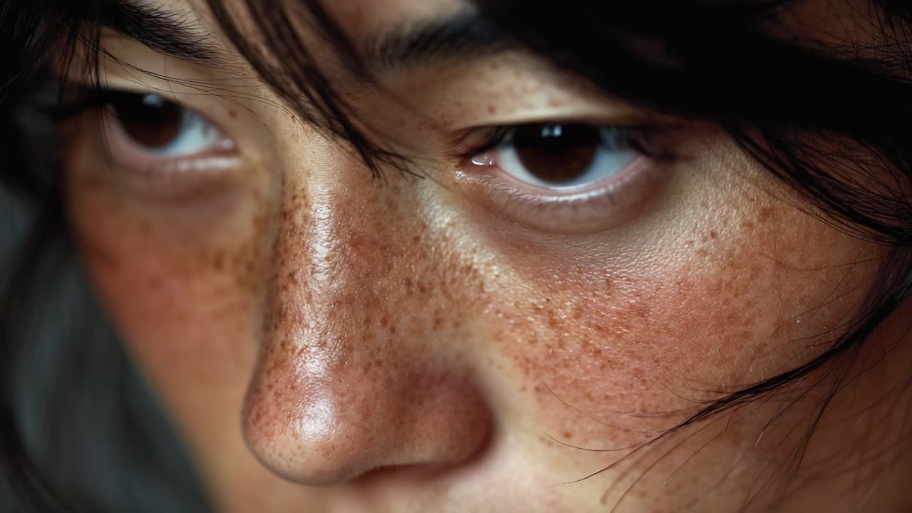 A Close-Up of a Young Woman's Freckled Skin and Expressive Eyes, Capturing the Beauty and Detail in Natural Light