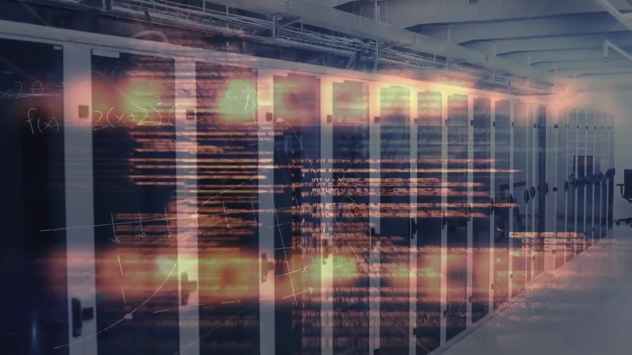 Animation of computer language over mathematical equation and diagrams against server room