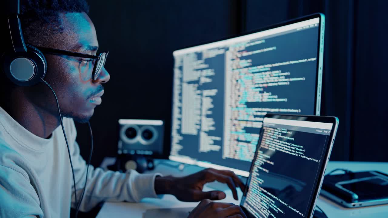 Side angle of a focused programmer wearing headphones, coding on dual screens in a dimly lit room