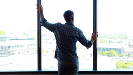 Rear-view-of-male-executive-looking-through-window