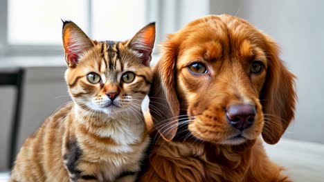 un gato y un perro acostados en la parte superior de una mesa