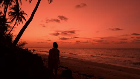 a breathtaking view captures a lone woman strolling along a pristine, palm-lined beach in fuvahmulah, maldives at sunset.