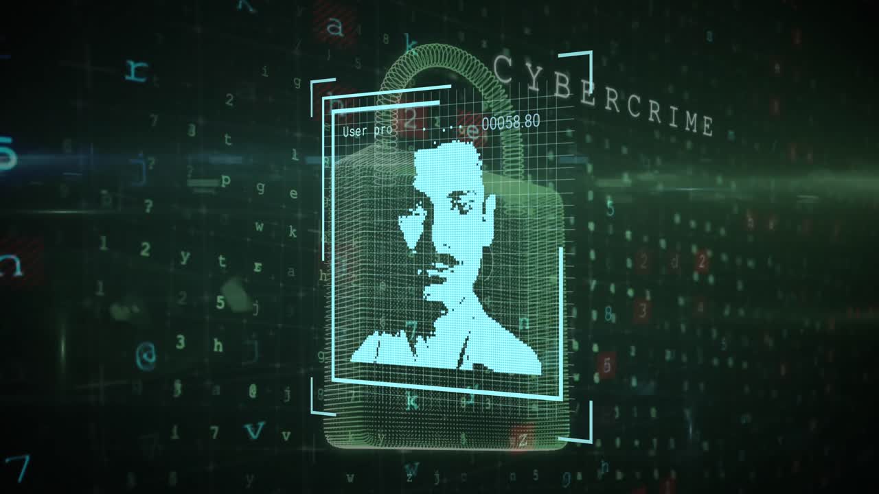 animazione di immagini di profilo digitali, lucchetto con numeri, lettere, simboli, testi sullo sfondo