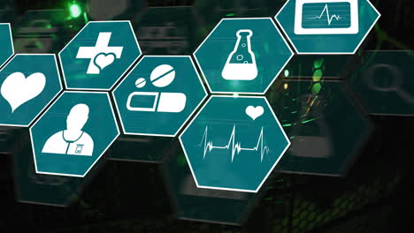 animation of medical icons and data processing over computer servers