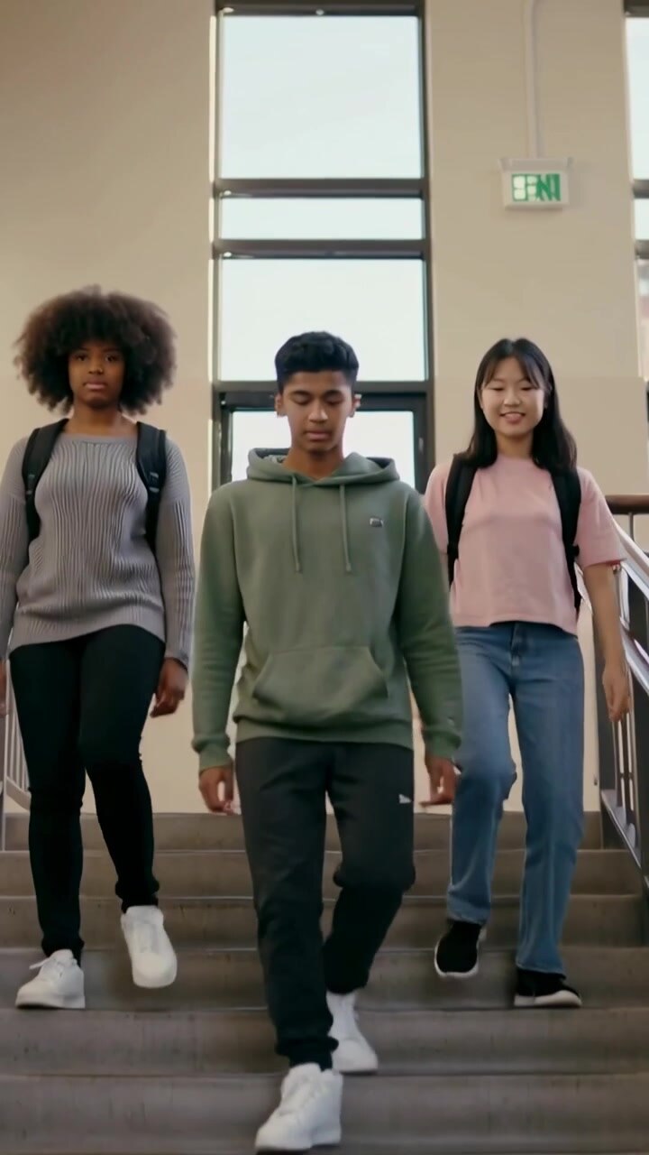 Vertical video: Descending from top, three students on school stairs going to class with backpacks