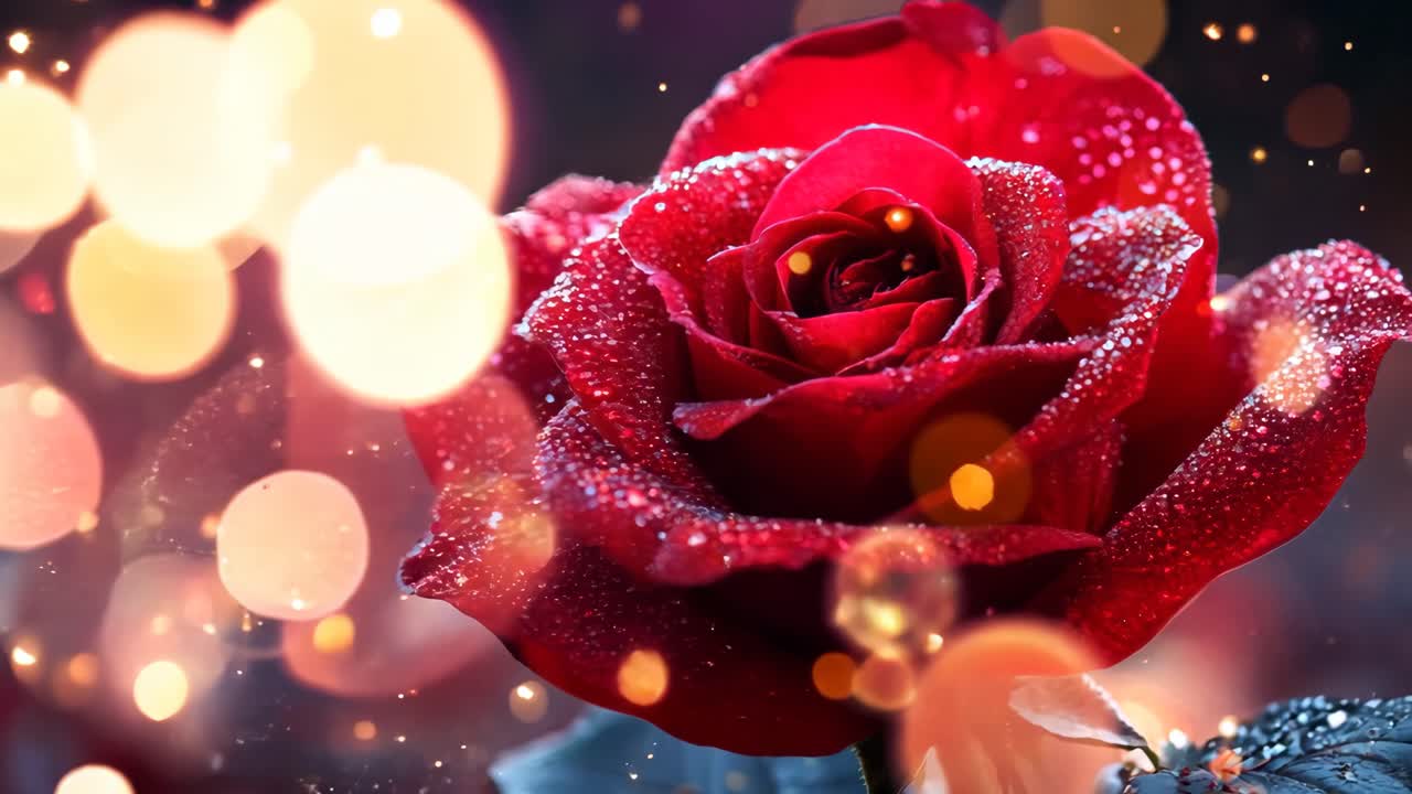 A red rose with dew drops on it is the main focus of the image. The background is blurry and has a hazy, dreamy quality to it, giving the impression of a romantic or ethereal setting