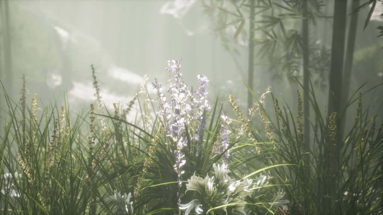 잔디 꽃 필드와 부드러운  ⁇ 빛을 배경으로.