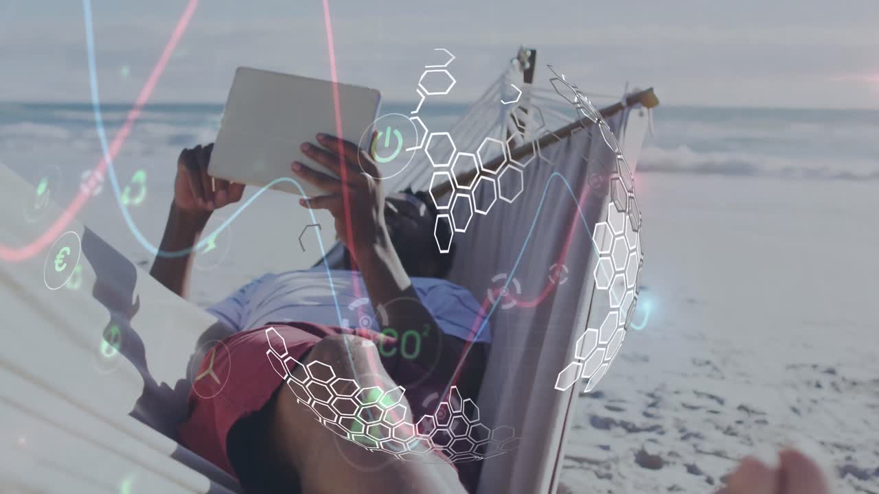 анимация икон экологии и глобуса над афроамериканцем с помощью планшета.