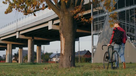 man resting under a tree near a highway