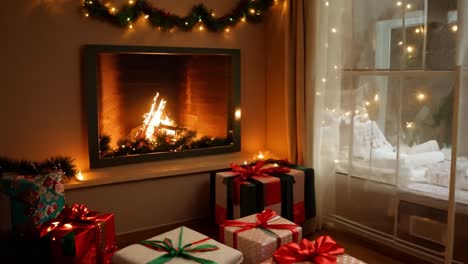 cozy living room featuring a christmas tree and presents, all illuminated by the warm glow of a burning fireplace