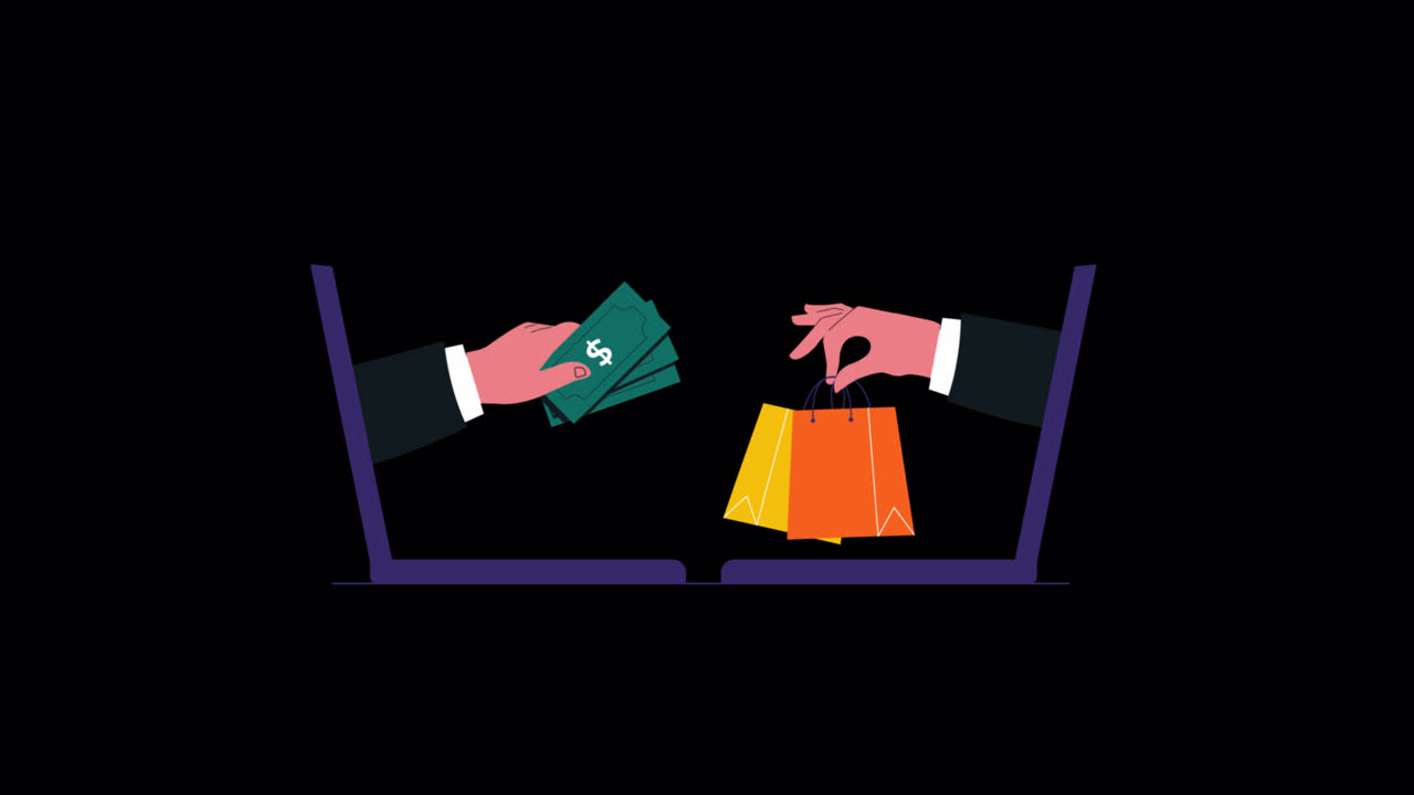 Online Shopping Transaction with Money and Bags from Laptops