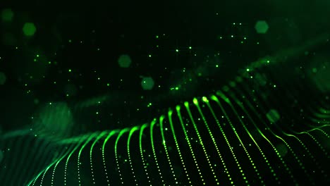 4k looped science fiction particle background with bokeh, light effects. glow green color particles form lines, surfaces, complex structures. suitable for sci-fi themes or as vj loop motion design bg