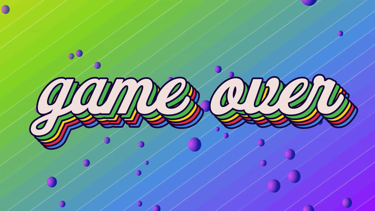 Animation of game over text over purple spheres over changing colourful diagonal lines