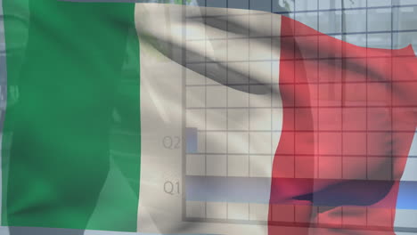 animation of data processing over flag of italy and businessman