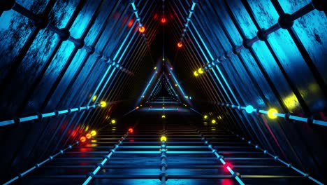 bright neon triangle tunnel with bright flickering multicolored lights in the tunnel and neon light flashes.