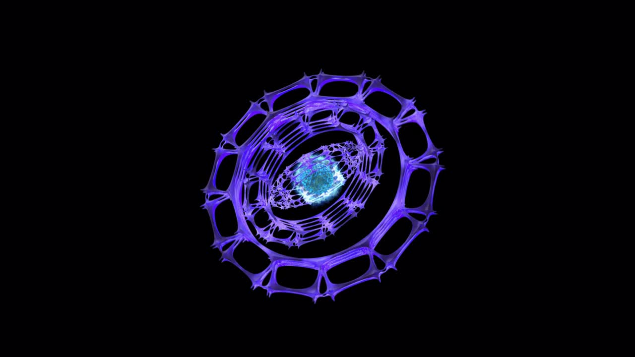 anillos puntiagudos brillantes de neón que giran alrededor de una bola de plasma en un fondo transparente