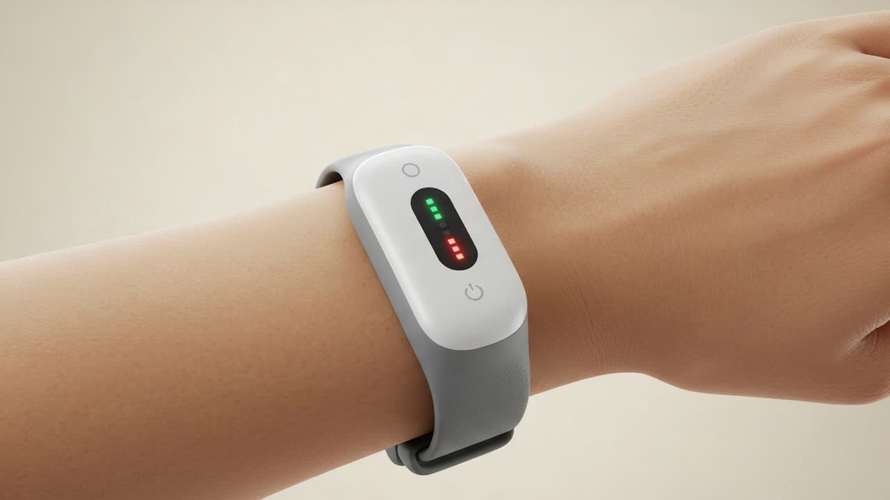 A Close-up View of a Wearable Health Monitoring Device on a Wrist, Displaying Color Indicators for Health Metrics Like Heart Rate and Activity Status