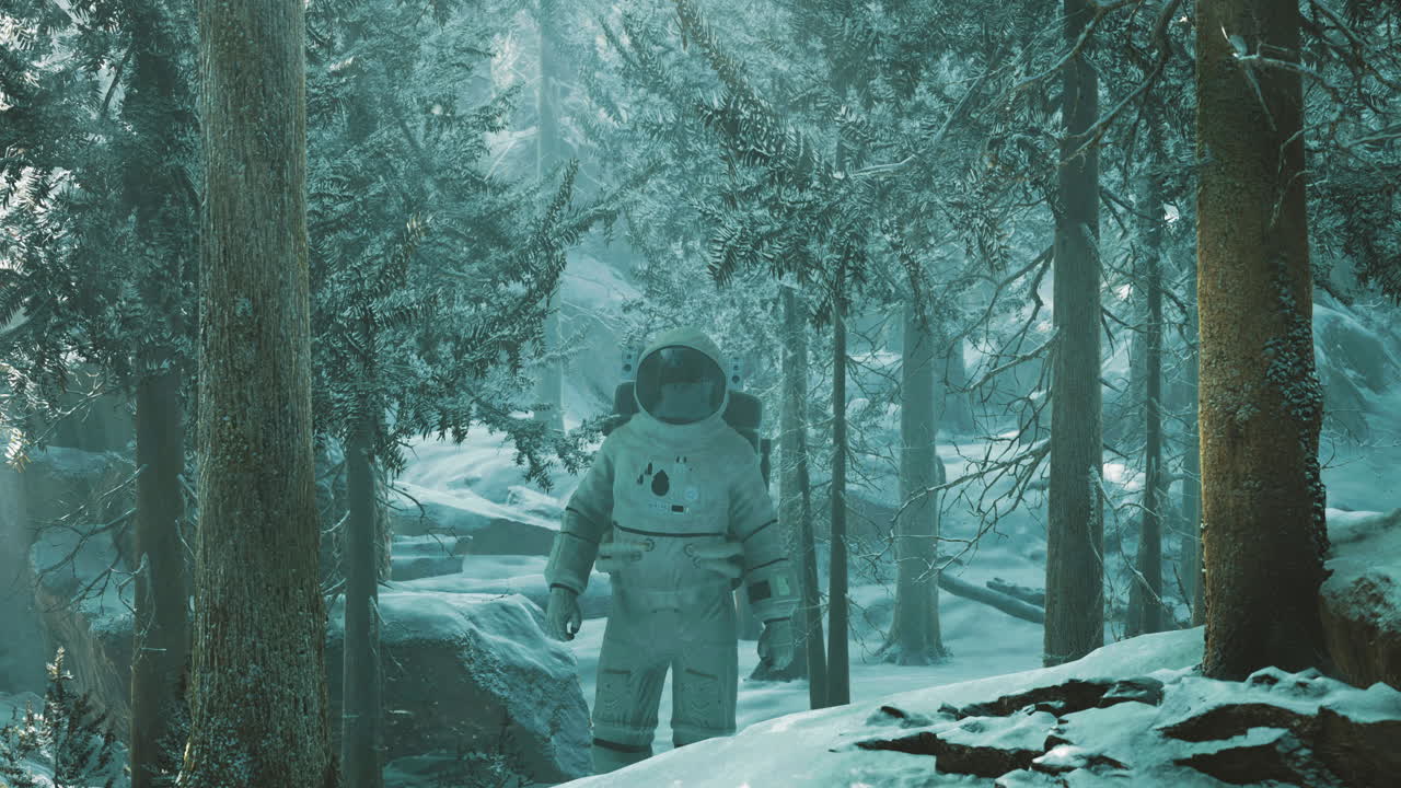Astronaut exploring a snowy forest with tall trees in a tranquil setting