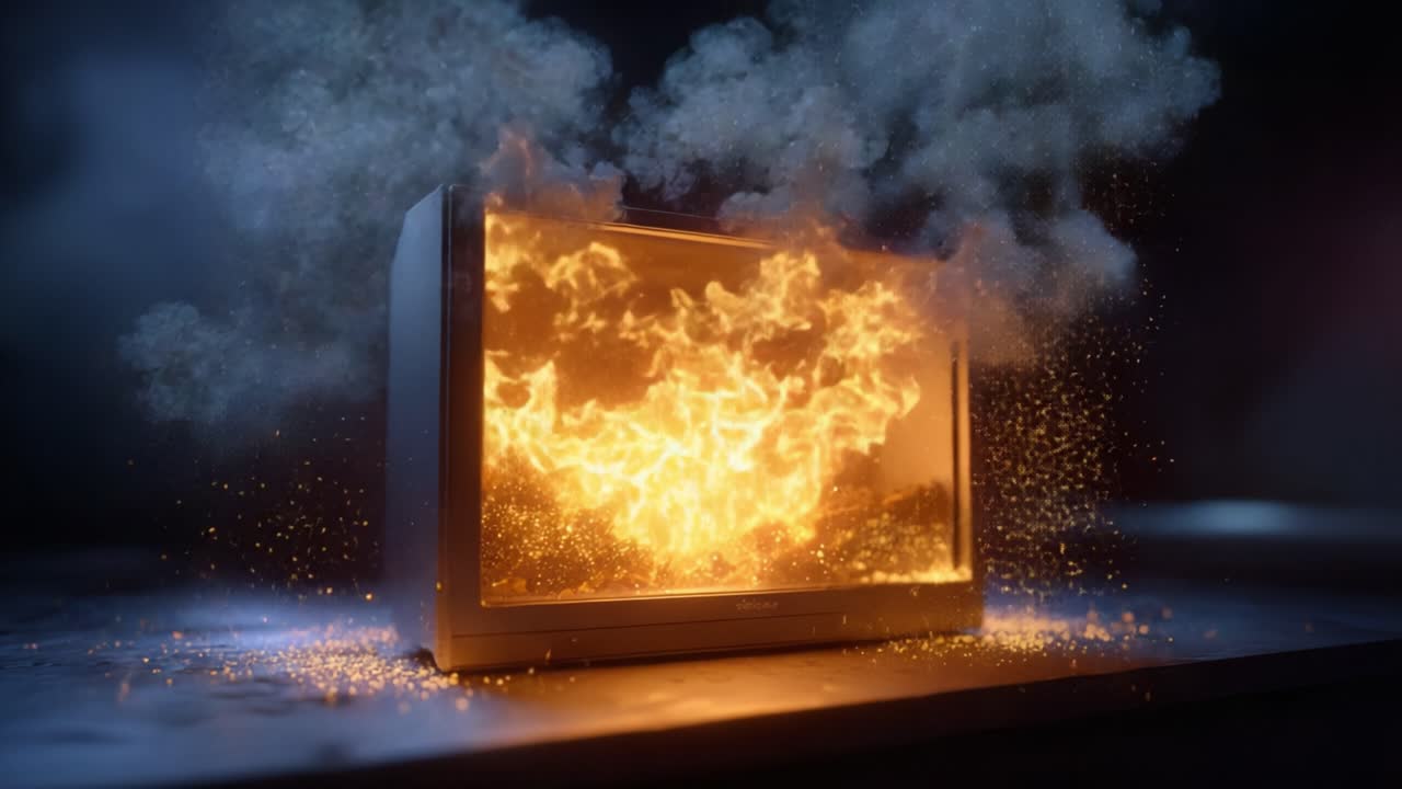 Eksplosiv brandudbrud fra en tv-skærm: En visuel repræsentation af kaos, energi og ødelæggelse fanget i to fantastiske billeder af en brændende digital skærm.