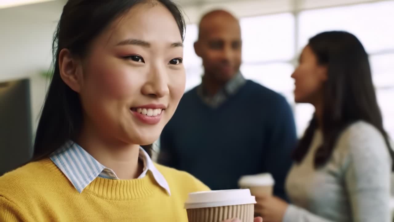 A young woman savors her coffee with a smile as she engages in conversation with friends in a bright and inviting cafe. The atmosphere is relaxed, perfect for socializing.