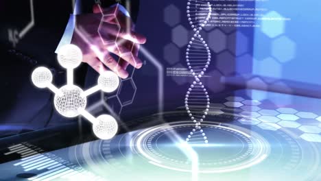 animation of molecule and data processing over caucasian businessman touching screen with dna strand