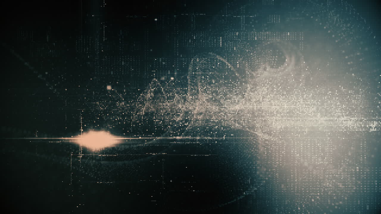 Futuristic abstract de-focus Metaverse data matrix, meta, telemetry and encrypt numbers display with particles simulation in cyber space environment for HUD loop background