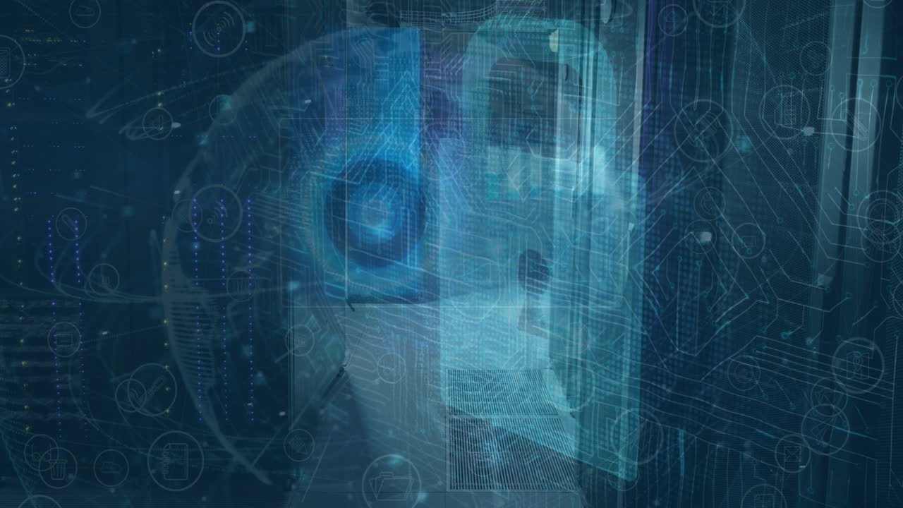 animación del globo, candado de seguridad en línea y procesamiento de datos a través de servidores informáticos