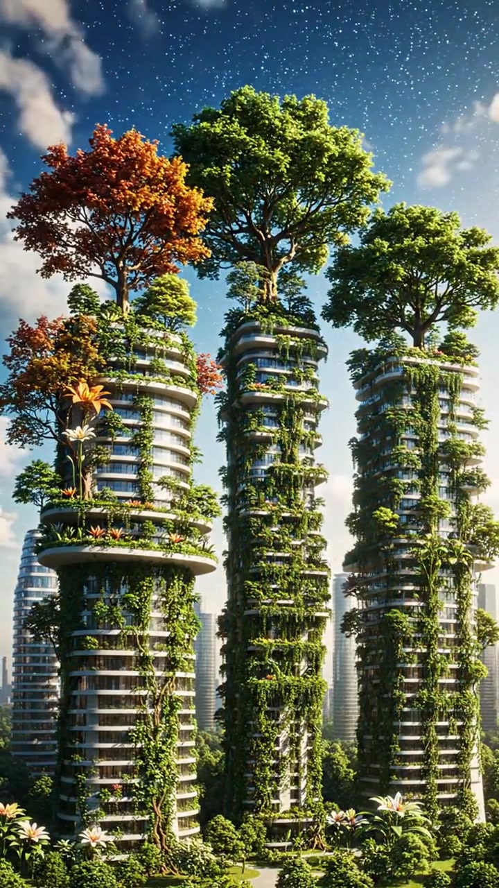Overgrown futuristic green city with sustainable buildings growing
