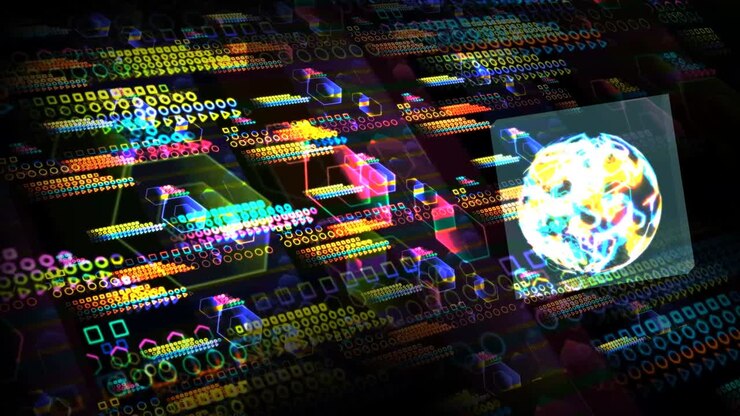 Cube Quantum computer data particles flying futuristic technology digital holographic process and analysis for big data and abstract polygon background