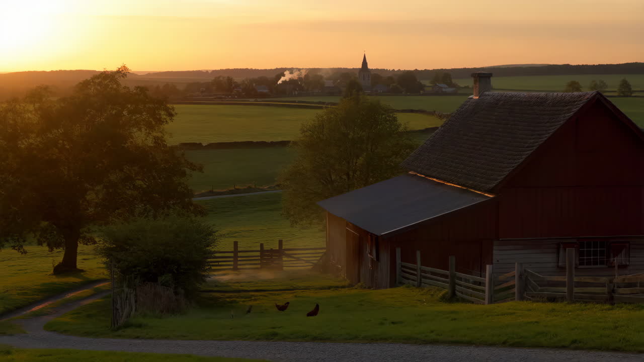 Rural Farmhouse and Village at Sunrise