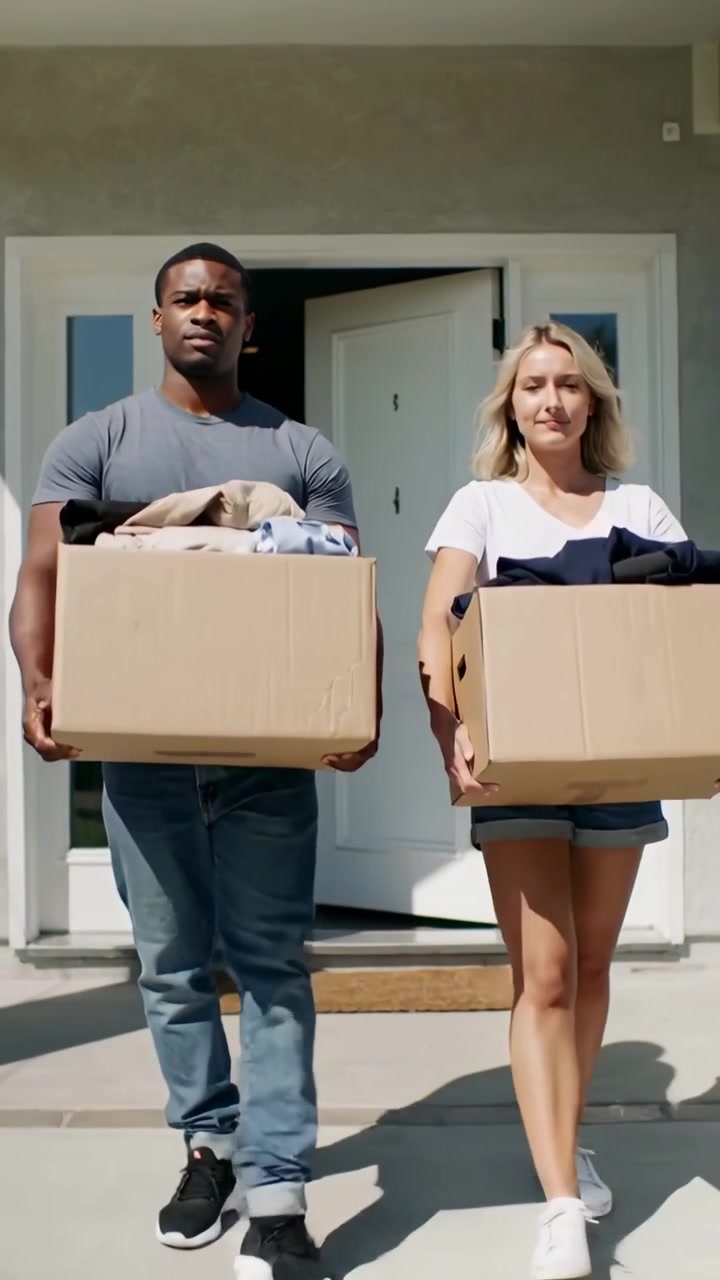 Vertical video: Carrying pair wearing grey white tees stepping from open door on porch moving boxes