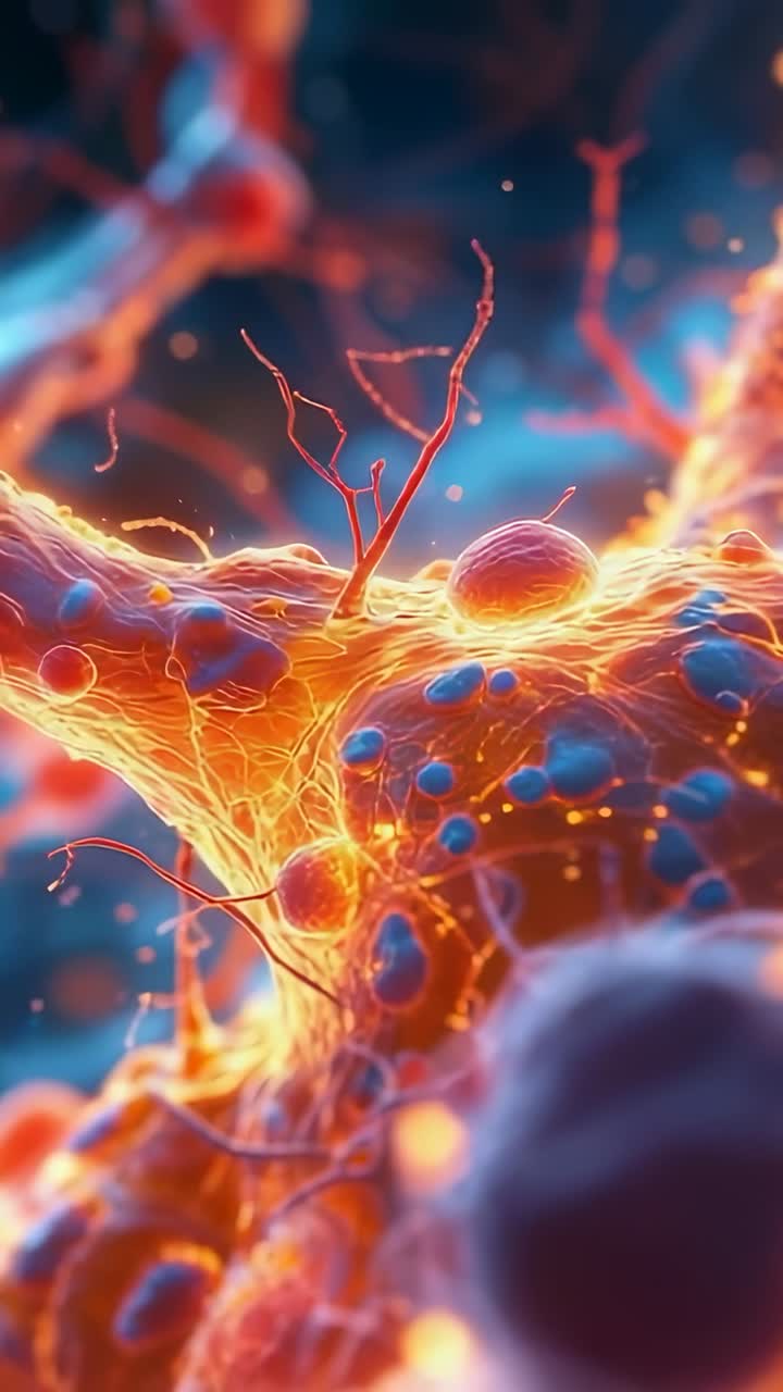 Vertical video: On play, camera panning over neuron through tissue, highlighting synaptic vesicles
