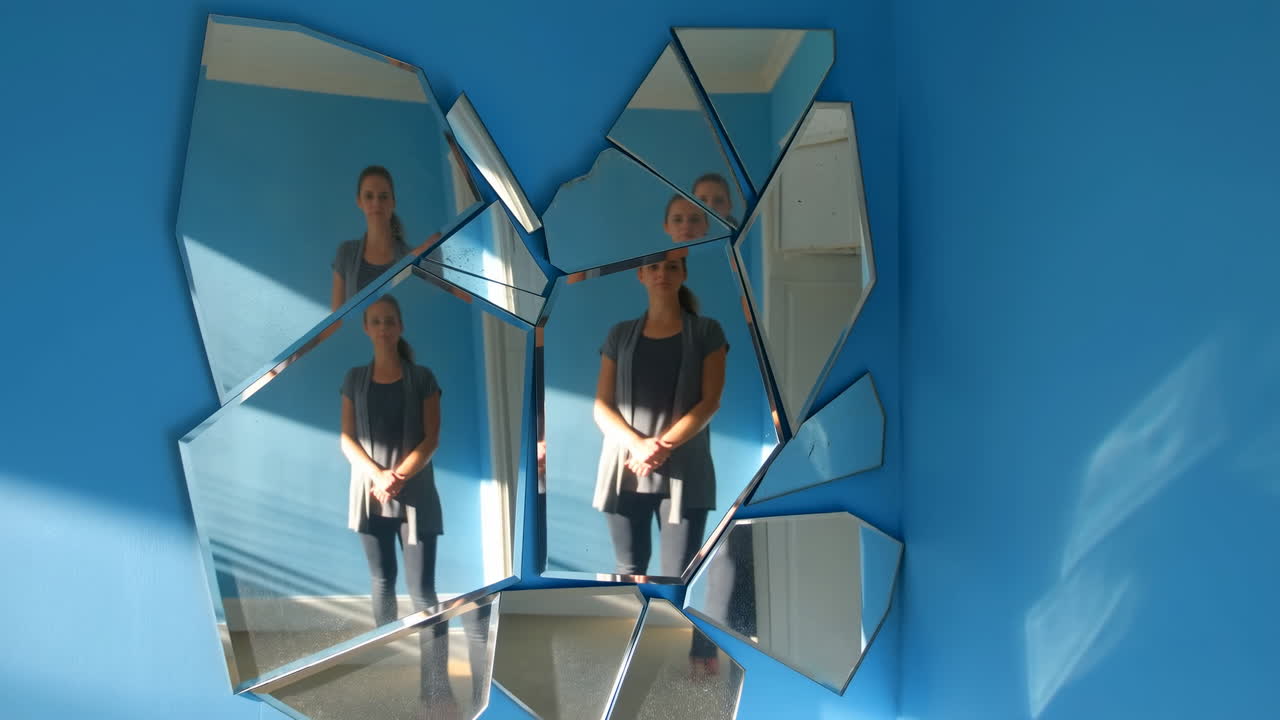 Donna riflessa in uno specchio rotto su una parete blu.