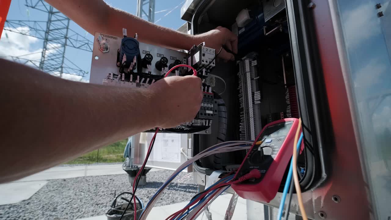 los ingenieros eléctricos inspeccionan los sistemas eléctricos en el gabinete de control de equipos