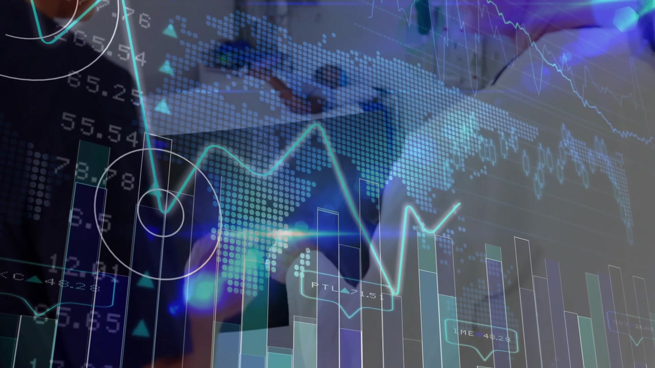 Team pointing as map overlay appearing, line chart oscillating and bars updating, reviewing finance